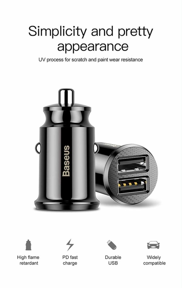 Baseus Mini Grain Dual USB Mobile Phone Car Charger 3.1A